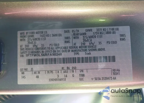 2024 Ford F-150 Xlt из США, поврежденный, VIN 1FTFW3L56RFA90248